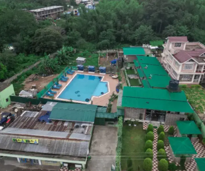 Daytime aerial view of the resort grounds